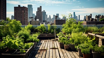 Fototapeta premium Rooftop Garden Bursting with Greenery | Urban Rooftop Garden Photo, Urban Oasis