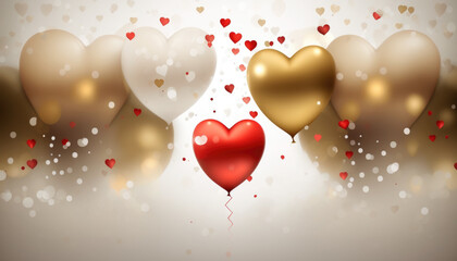 Beautiful red and golden heart shape balloons and confetti, on festive background Generative AI