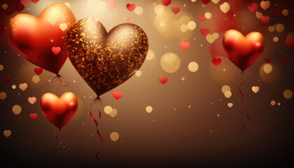 Beautiful red and golden heart shape balloons and confetti, on festive background Generative AI