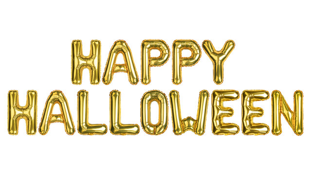 Happy Halloween. Halloween balloons. Yellow Gold foil helium balloon. Good for advertising, event, store shop posters. English alphabet letters, word. High resolution photo isolated background