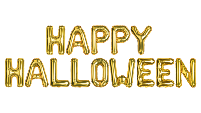 Happy Halloween. Halloween balloons. Yellow Gold foil helium balloon. Good for advertising, event, store shop posters. English alphabet letters, word. High resolution photo isolated background