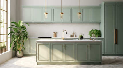 Fototapeta na wymiar Modern Luxury Kitchen With Sage Green Counter Cabin