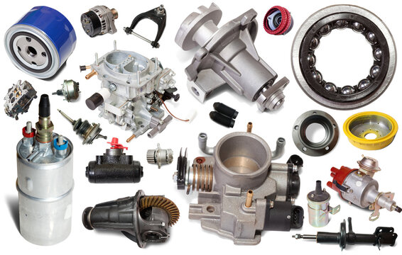 wide assortment of different car details isolated on white background.