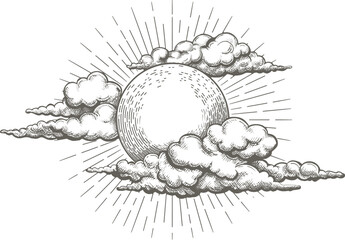 Sun and clouds in sky engraving