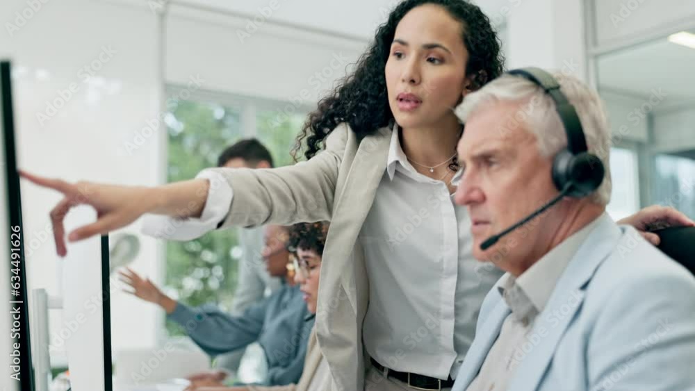 Aufkleber call center, manager planning and people on computer for e commerce support, teamwork and helping or