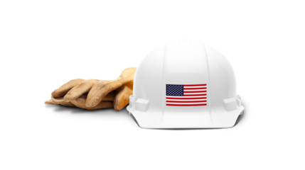 White Hardhat with an American Flag Decal on the Front with Leather Gloves Transparent PNG.