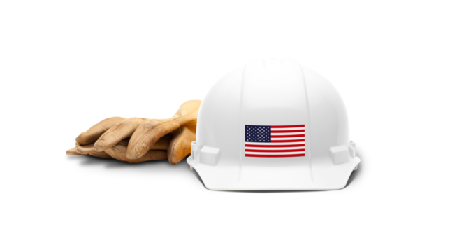 White Hardhat with an American Flag Decal on the Front with Leather Gloves Transparent PNG.