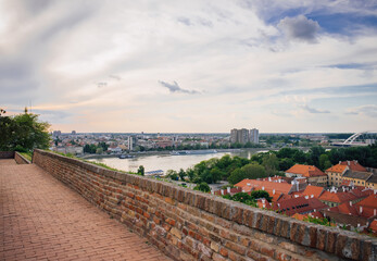 Naklejka premium View of the city of Novi Sad and the Danube River from the height of the fortress, Petrovaradin fortress wall