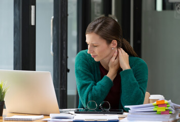 young women neck and shoulder pain injury with red highlights on pain area, healthcare and medical...