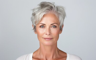 A close-in shot exhibiting the beauty and refined grooming of an older lady, set against a clean and brightly lit backdrop.