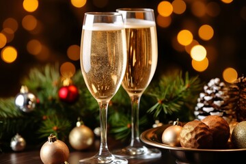 Two glasses of champagne in christmas setting. Generative AI