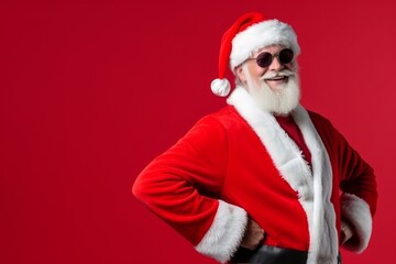 Fototapeta na wymiar Funny elderly man with santa claus costume and sunglasses on red background with copy space. Generative AI