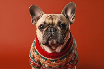 Cute french bulldog with winter sweater. Generative AI