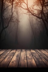 Wooden table in forest at night. Halloween concept, with copy space. Generative AI