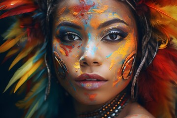 Close up portrait of a beautiful young black woman with colorful paint on her face