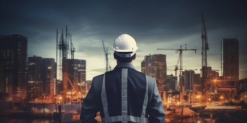 Fototapeta na wymiar Back View of Civil Engineer with Metropolis Construction Background. Generative ai