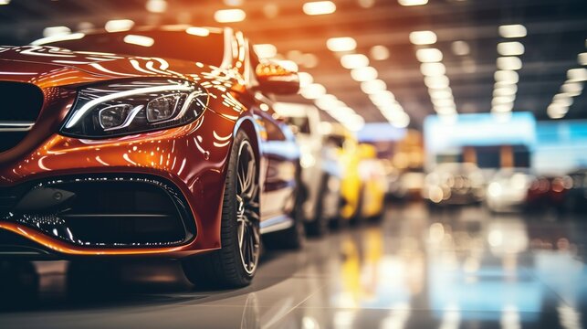 Blurred Background of Luxury Cars in Showroom with Bokeh Lights. Generative ai