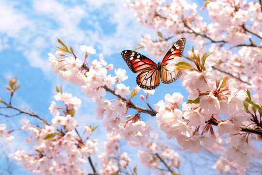 Beautiful cherry blossom against blue sky background Generative AI - Powered by Adobe