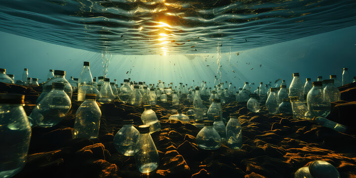 Plastic bottle pollution weakens ocean health, a creative concept of ecological crisis. Discarded plastic bottles underwater in the ocean.