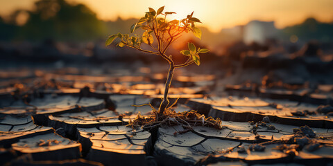 Tree on cracked ground. Creative concept of climate change impact, drought, and environmental crisis.  - obrazy, fototapety, plakaty