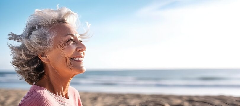 Portrait of smiling senior woman looking away at beach during sunny day. Copy space
