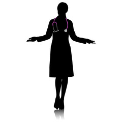 Silhouette of female healthcare worker Happy smiling doctor in white coat with stethoscope. Medical worker is showing empty space with arms. Vector flat style illustration set isolated on white.