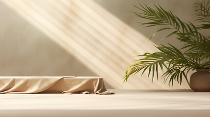 Table Countertop With Beige Linen Tablecloth In Sunlight