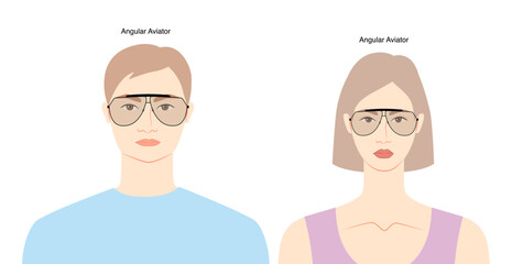Obraz premium Angular Aviator frame glasses on women and men flat character fashion accessory illustration. Sunglass front view unisex style, rim spectacles eyeglasses with lens sketch outline isolated on white