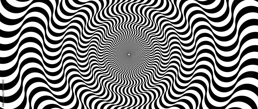 Poster optical illusion background. black and white abstract distorted wavy lines surface. radial waves pos