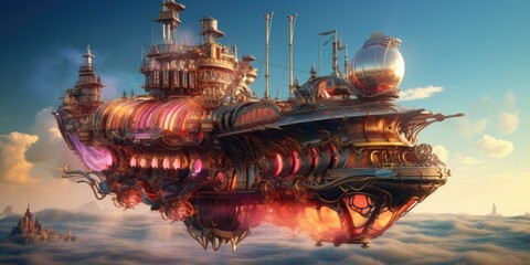 Fototapeta premium illustration of a futuristic flying military airship cruiser, generative AI
