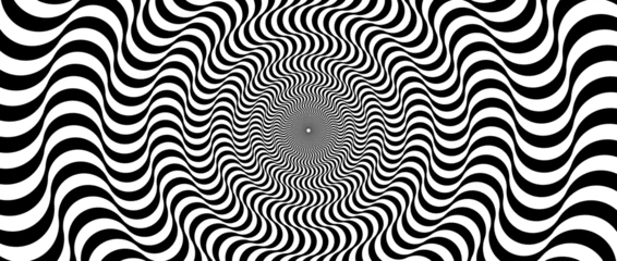 Optical illusion background. Black and white abstract distorted wavy lines surface. Radial waves poster design. Hypnotic sunburst illusion wallpaper. Vector horizontal trippy illustration © vika_k