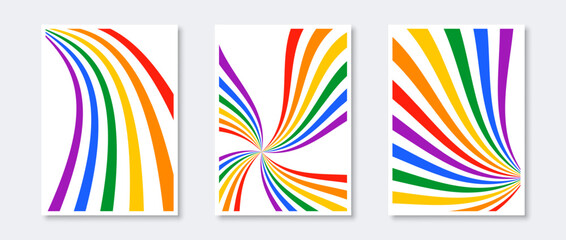 Rainbow sunburst and path prints set. Abstract colorful poster collection. Geometric star burst psychedelic wallpapers pack. Pride month and lgbt rights concept templates bundle. Vector illustration