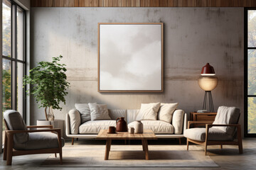 Modern interior background featuring a mock-up poster frame, offering a versatile platform for...
