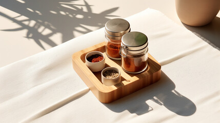 Top View Of Minimal Wooden Condiment Caddy Holder