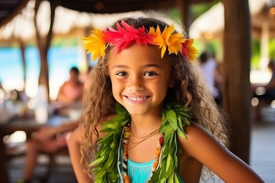 Portrait of a beautiful little girl in hawaiian costume outdoors