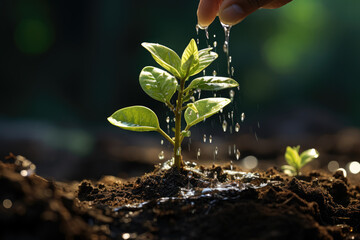 Watering a plant that is growing, symbolizing nurturing, care, and the process of growth and development. Generative Ai. - obrazy, fototapety, plakaty