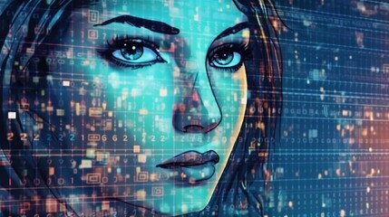 Portrait of a girl. Digital identity verification using blockchain technology . Fantasy concept , Illustration painting.