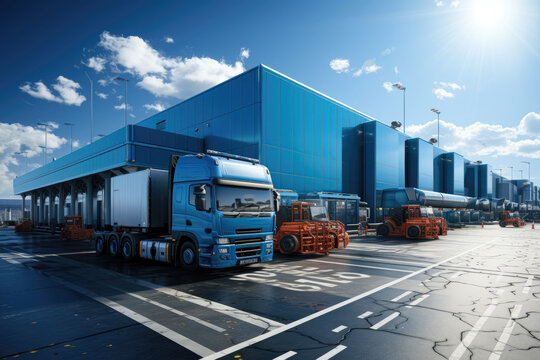 Realistic render of a logistic business transport warehouse dock station, representing the efficient movement and storage of goods. Generative Ai.
