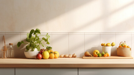 Obraz na płótnie Canvas Wood Countertop Kitchen White Cabinet Counter Fruit 