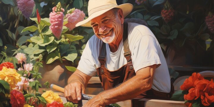illustration of smiling grandfather works in the garden , generative AI