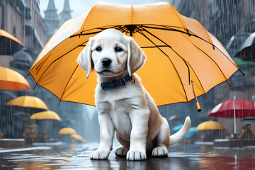 Puppy with an umbrella on a rainy day.
Generative AI
