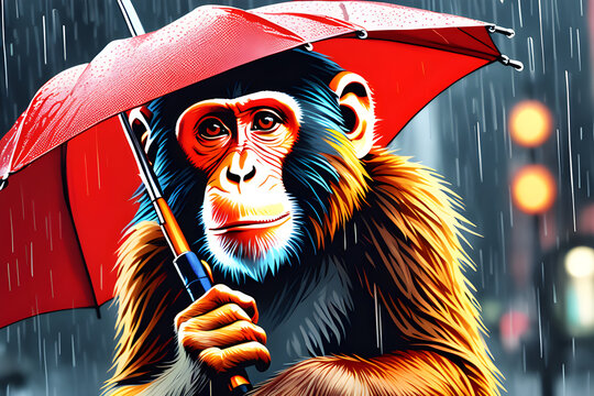 A monkey with an umbrella on a rainy day.
Generative AI