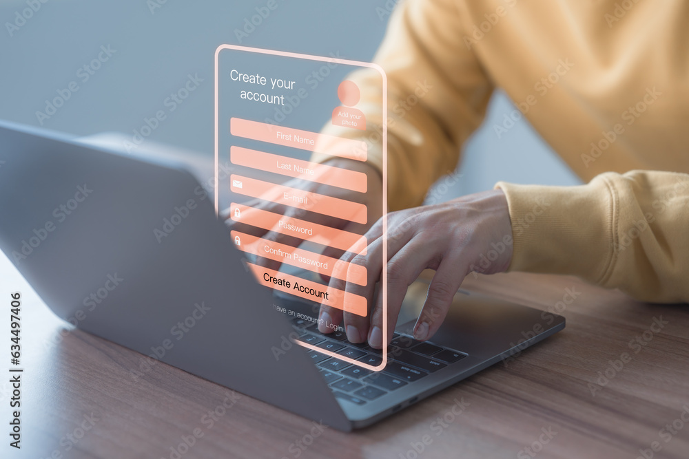 Leinwandbilder Adult Man type sign up for the website on a computer laptop. Cyber security concept to protect personal data. Secure encryption and access to the user's private information to access the internet.