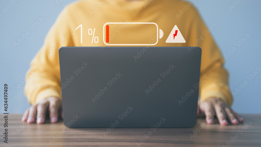 Aufkleber User is angry and frustrated when he learns that his laptop computer's battery is dead and did not bring the charger adapter. Concept of Technology and daily life of freelance. No power battery.