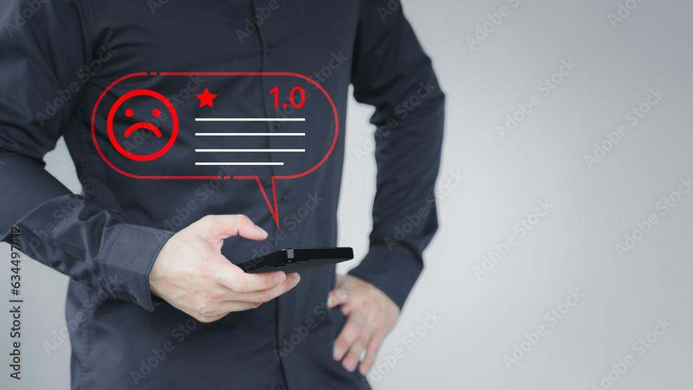 Aufkleber business service concept of customer experience dissatisfied by smartphone. man client with angry em