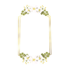 Geometrical golden frame with watercolor white flower on transparent background for invitation card