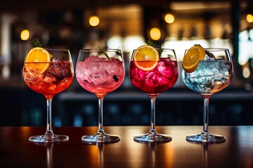 Five colorful gin tonic cocktails in wine glasses on bar counter in pup or restaurant | Generative AI - obrazy, fototapety, plakaty