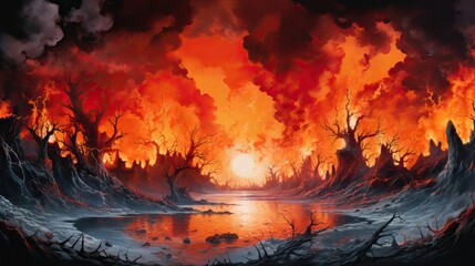 Flames voraciously consume the land, painting a scene of catastrophic despair and urgent environmental concern. Generative AI