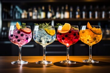 Five colorful gin tonic cocktails in wine glasses on bar counter in pup or restaurant | Generative AI