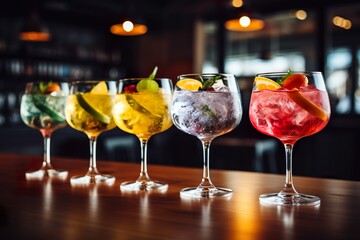 Five colorful gin tonic cocktails in wine glasses on bar counter in pup or restaurant | Generative AI